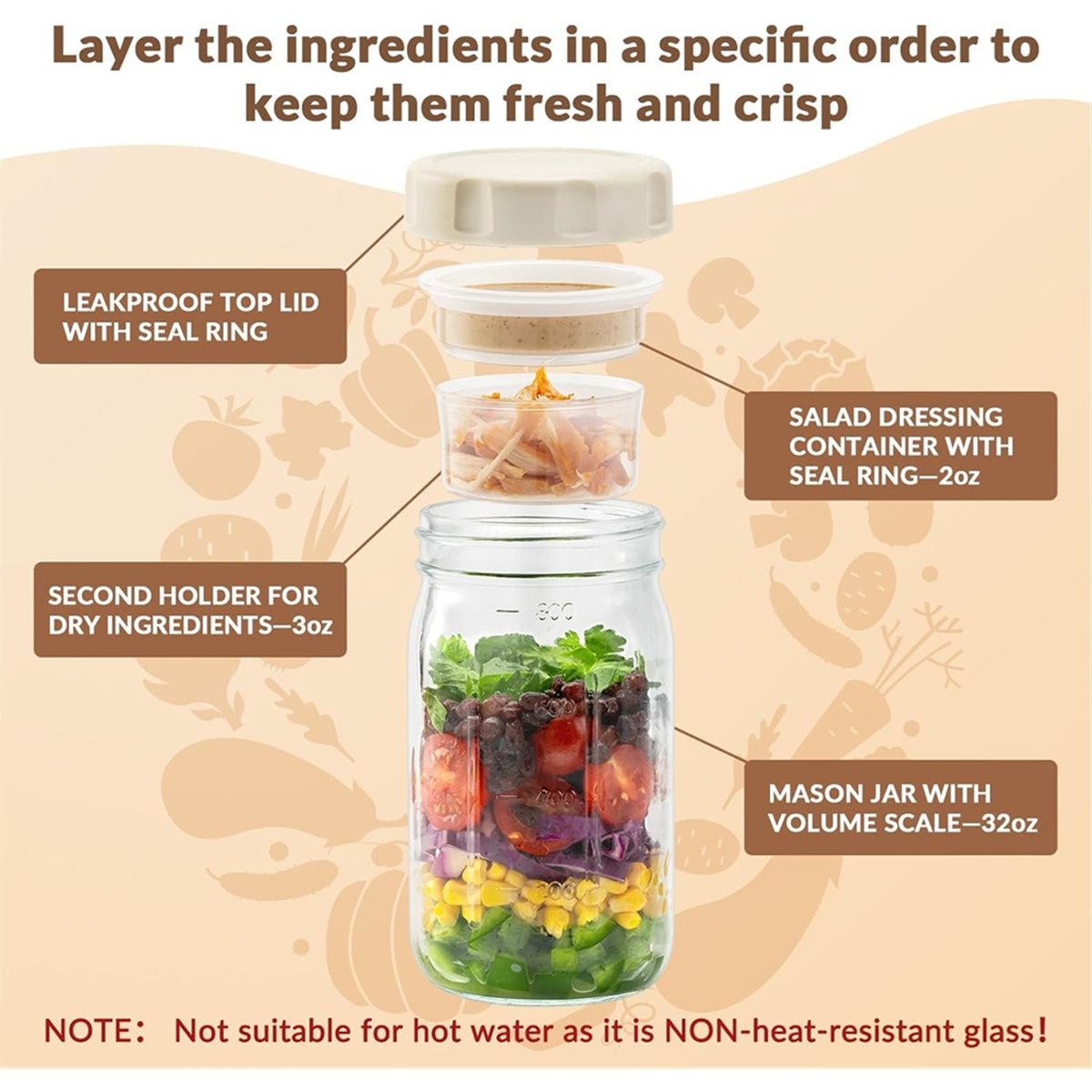 Meal Prep Jar Salad - A67T YENİ 4'lü Cam Salata Kavanozları,